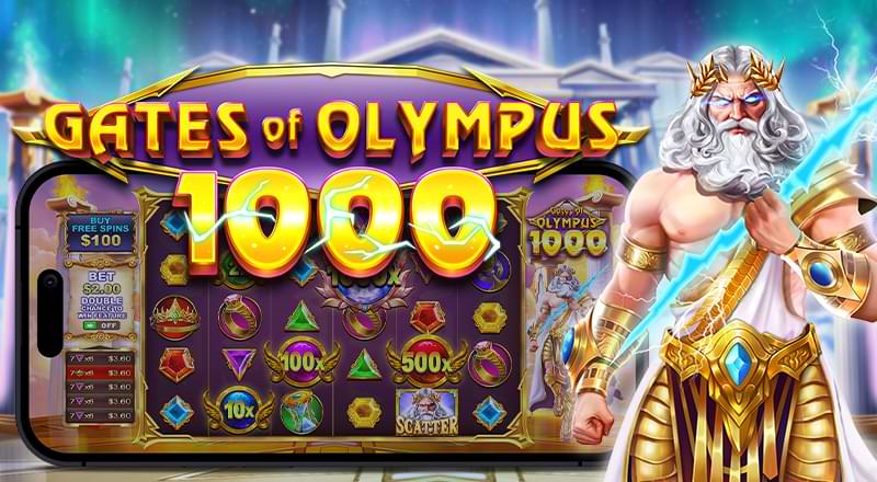 A detailed graphic advertisement for the Pragmatic Play slot game Gates of Olympus 1000, played on a smartphone with a stylized Greek Temple background. The game logo is at the top in gold and purple text,